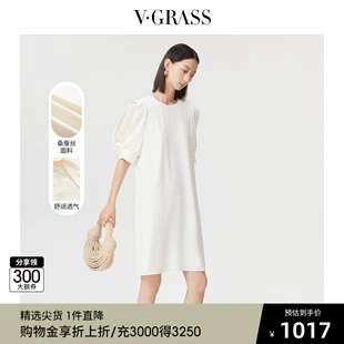 泡泡袖 VGRASS维格娜丝夏季 新款 舒适简约白色圆领连衣裙