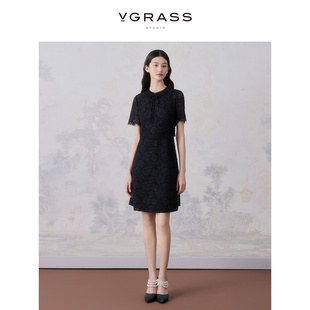 连衣裙女24年夏新款 VGRASS新中式 古典蕾丝短袖 连衣裙女_水墨黑色