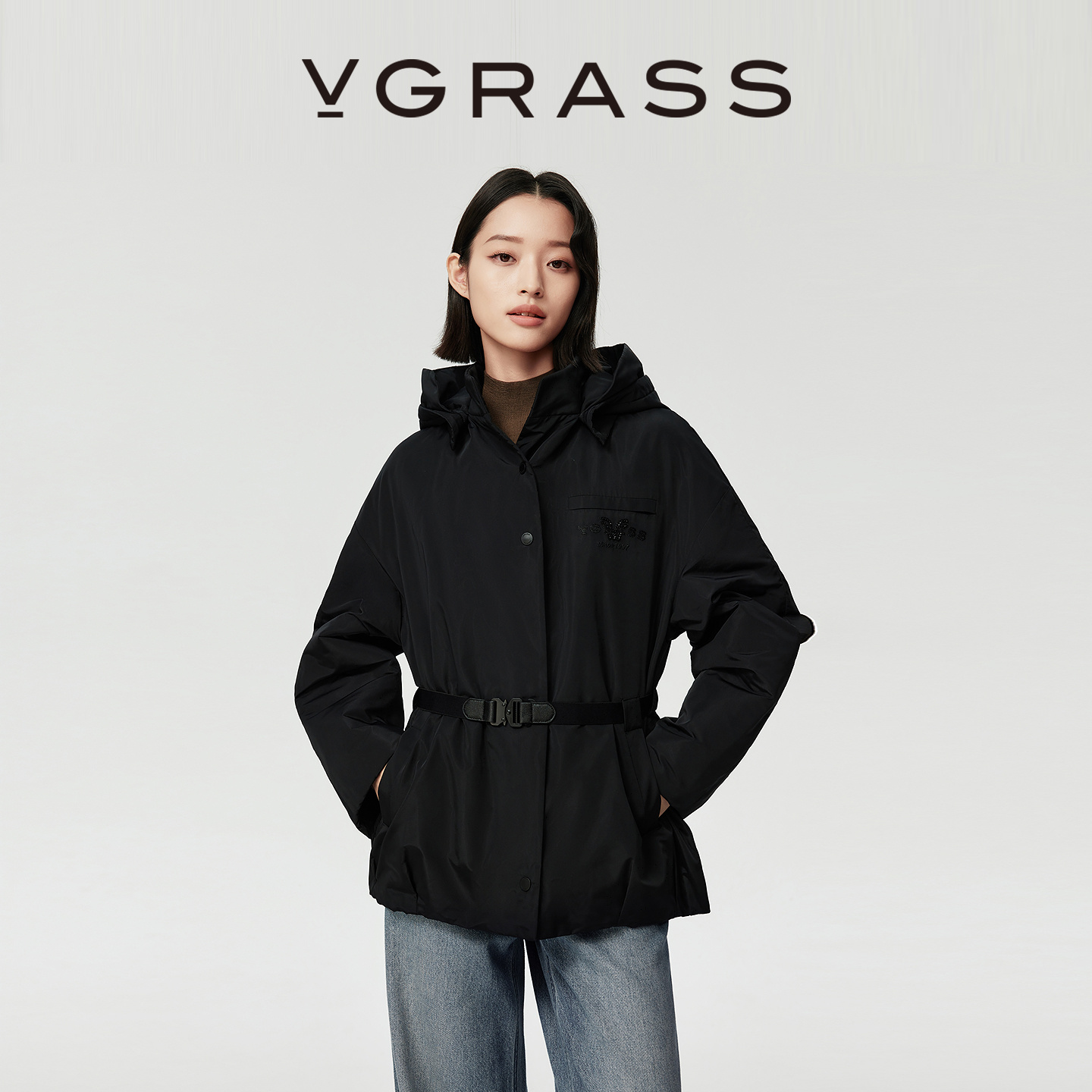 VGRASS可拆卸腰带连帽棉服