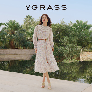 VGRASS维格娜丝26春新款100%桑蚕丝重工蕾丝云肩连衣裙浪漫氛围裙