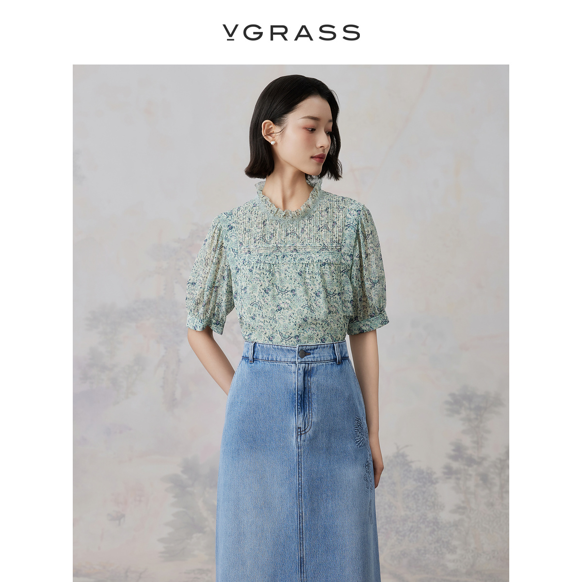 VGRASS宽松新中式短袖印花衬衫
