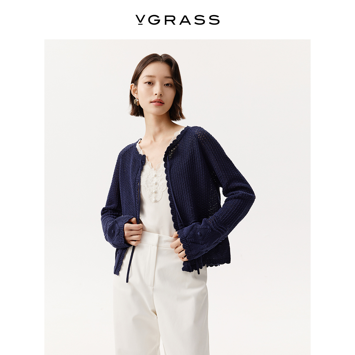 VGRASS和纸纱镂空肌理针织开衫