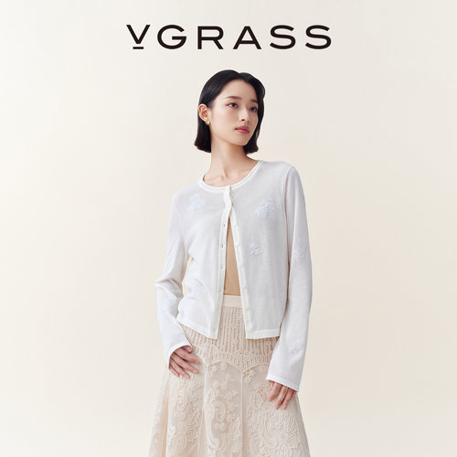 VGRASS柔雾花卉嵌提花针织开衫