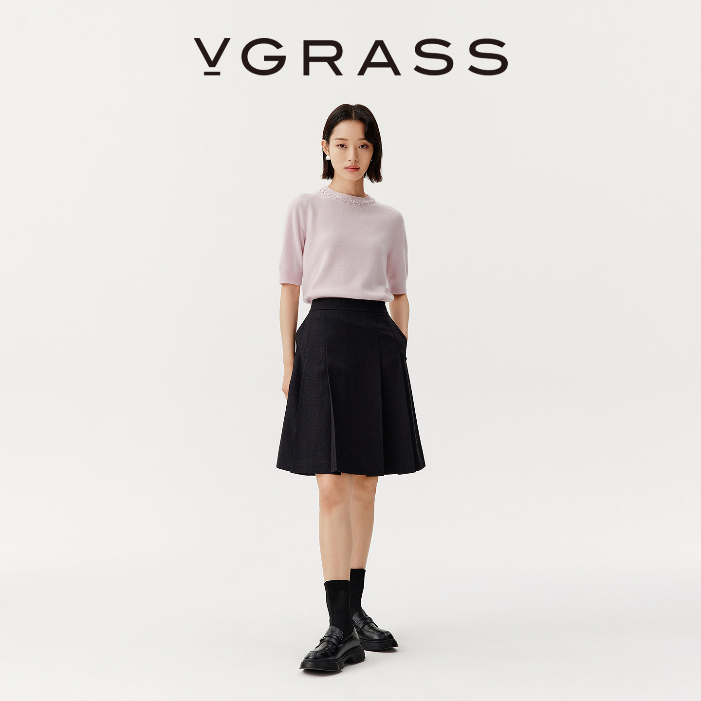 VGRASS25秋冬新款精纺羊毛混纺重工压褶a字半身裙肌理垂挺百褶裙,女装/女士精品,半身裙,淘宝优惠券,粉丝福利购,淘宝优惠卷