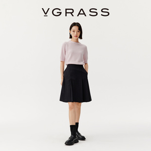 VGRASS25早秋新款 精纺羊毛混纺重工压褶a字半身裙百褶裙