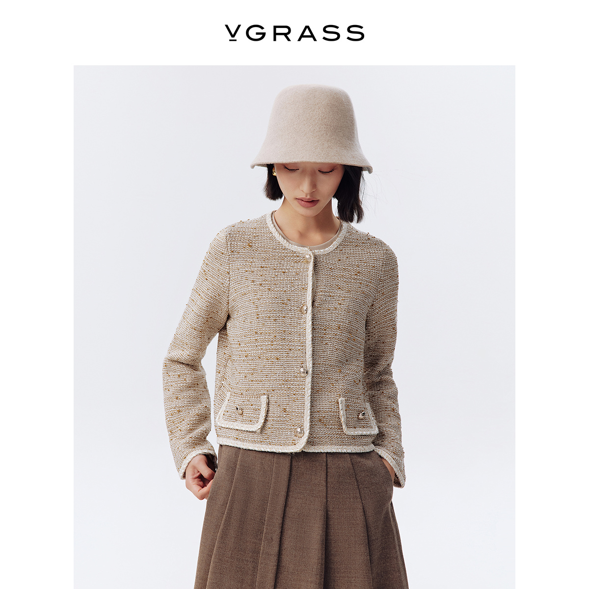 VGRASS夹花花纱小香风针织开衫