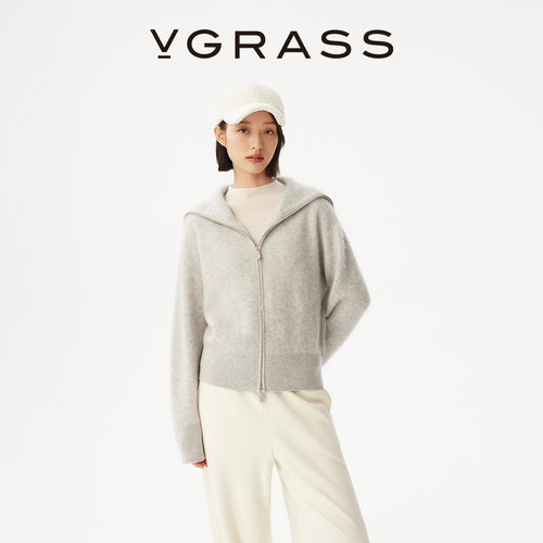 VGRASS纯羊绒绒感翻领针织衫