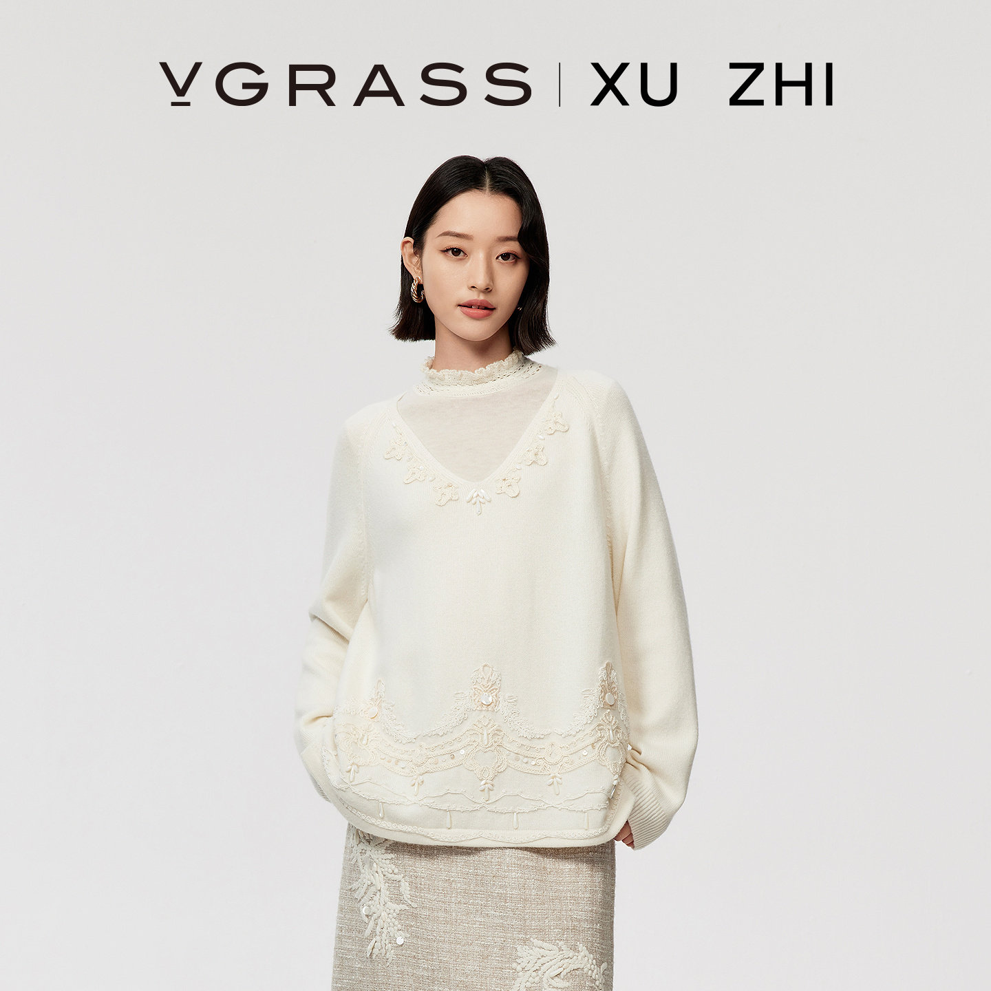 【XUZHI系列】VGRASS冬新羊毛混纺绣花手工钉珠长袖针织衫女上衣