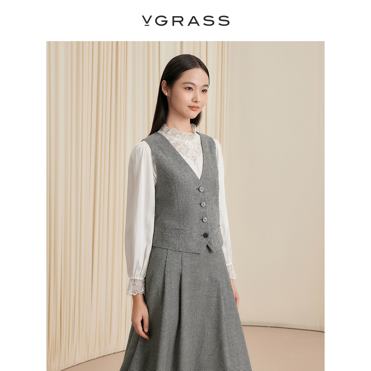 VGRASS复古人字纹花呢西装马甲