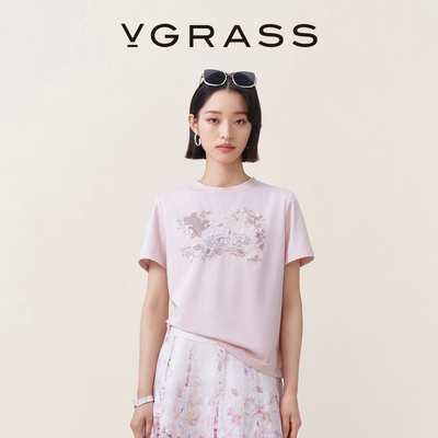 VGRASS组合绣花棉混纺艺术T恤