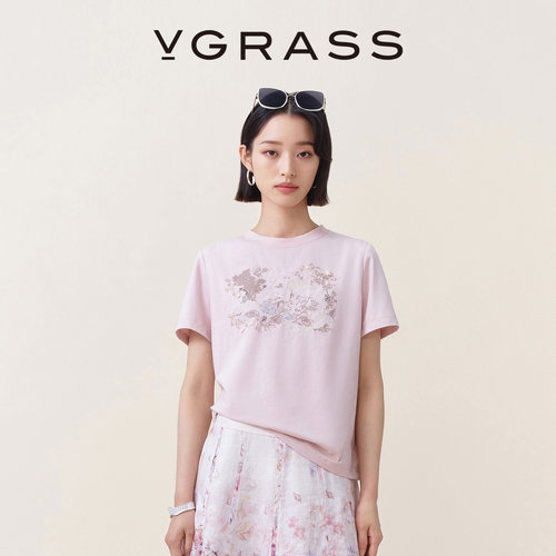 VGRASS组合绣花棉混纺艺术T恤