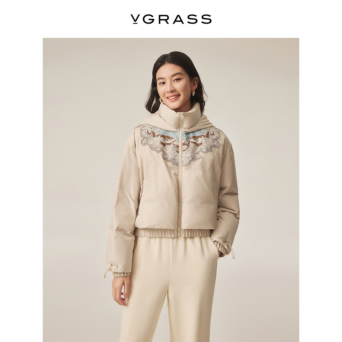 VGRASS蕾丝刺绣云肩90鹅绒羽绒服
