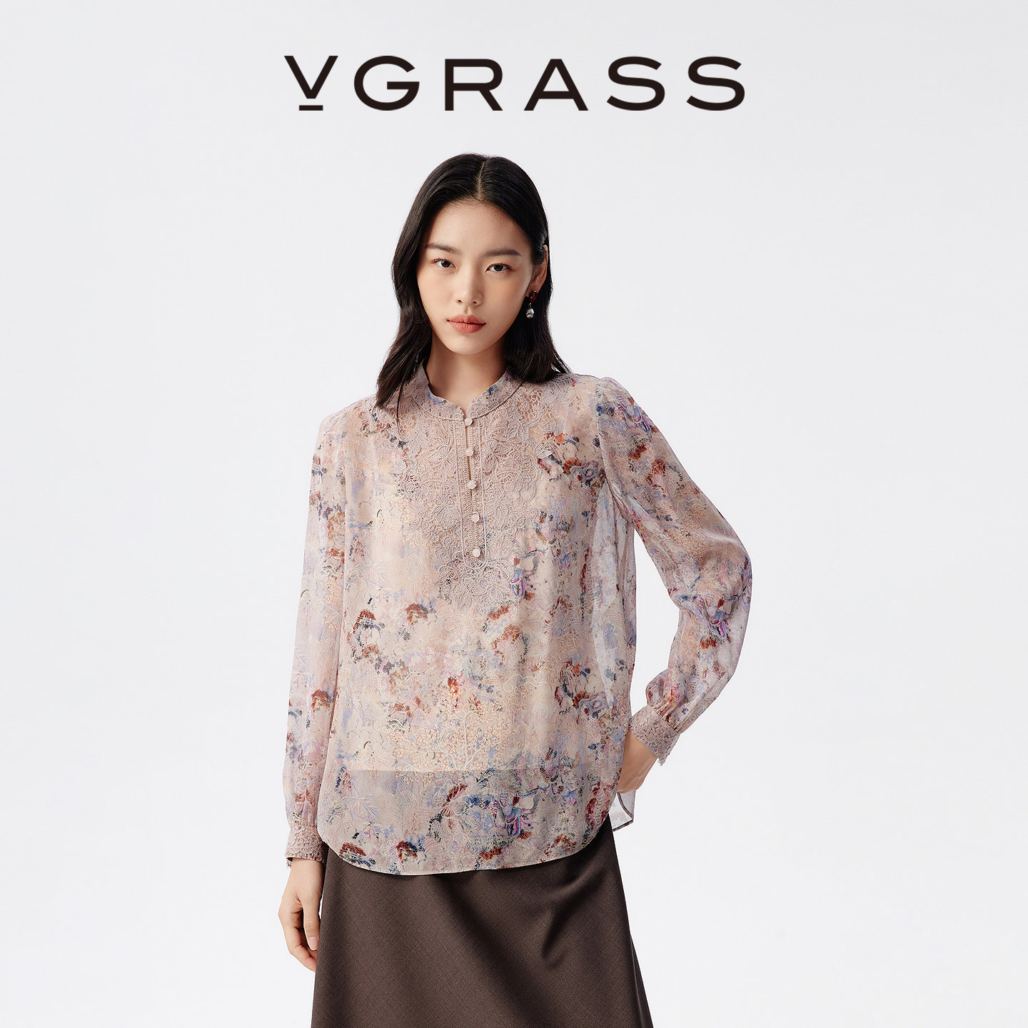VGRASS25秋冬新品12MM乔其真丝定位水溶蕾丝绣包容显瘦直身衬衫女