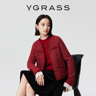 精致花纱复古圆领COCO针织开衫 VGRASS25秋冬新款 女 一片云针织