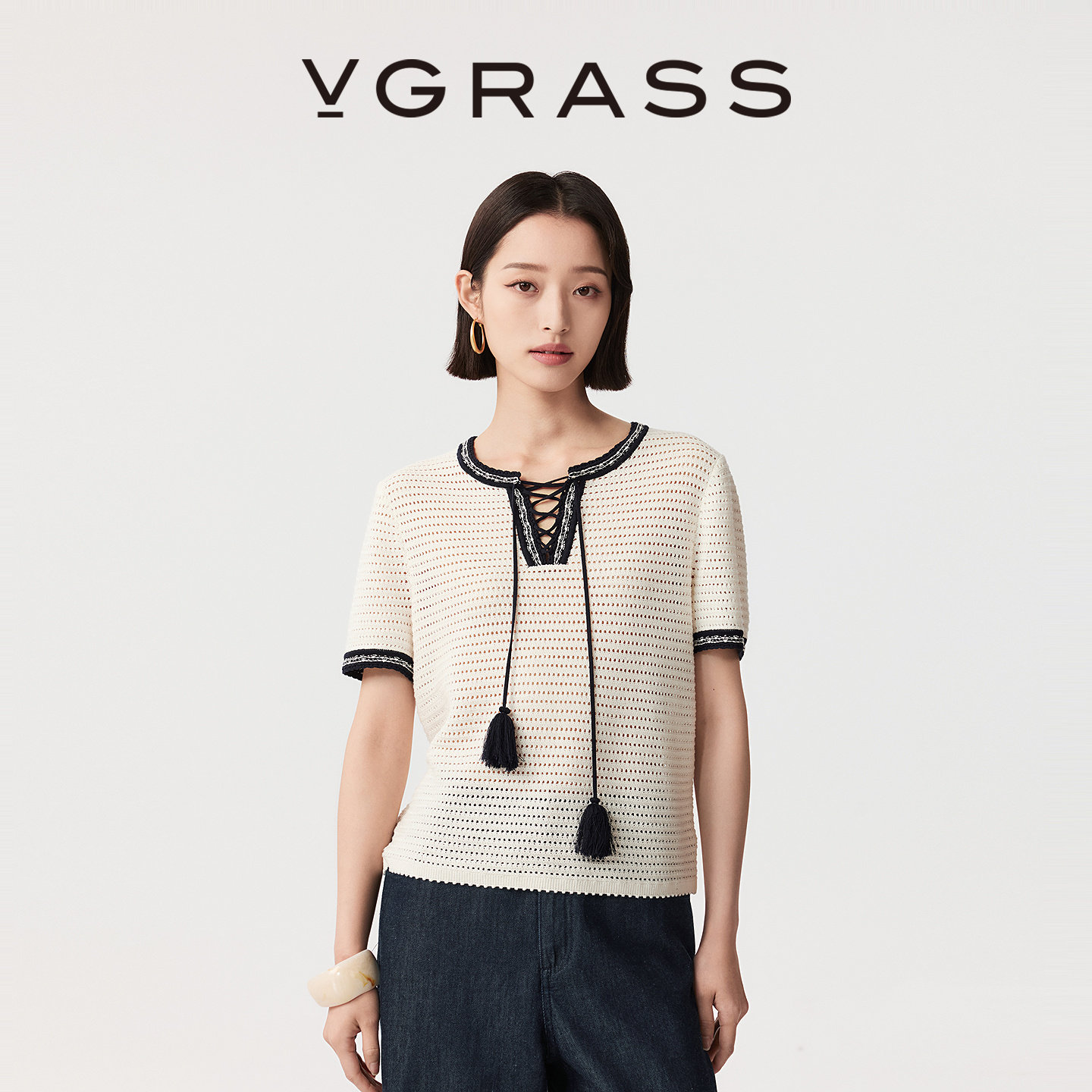 VGRASS维格娜丝26夏季新款镂空提花合股纱撞色花边流苏绑带领针织