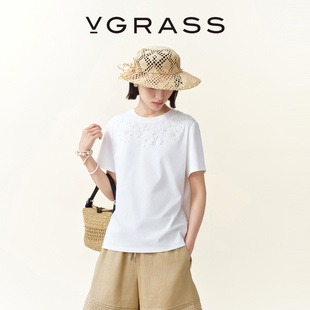 VGRASS维格娜丝26夏季新绣花钉珠装饰经典圆领宽松廓形棉短袖T恤