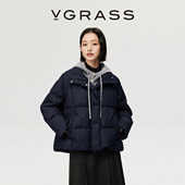 VGRASS25冬新款 可脱卸撞色针织帽时髦绗缝短款 牛仔羽绒服90白鹅绒