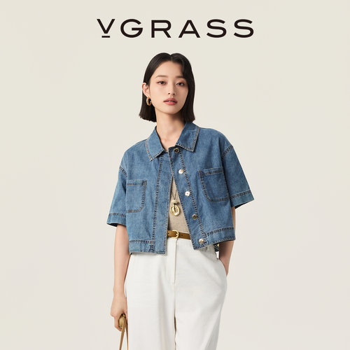 VGRASS时尚短款棉感牛仔衬衫