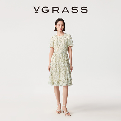 VGRASS激光彩绣经编蕾丝连衣裙