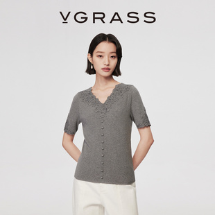 女上衣 打底衫 VGRASS维格娜丝26夏新清爽棉镂空蕾丝V领针织衫 修身