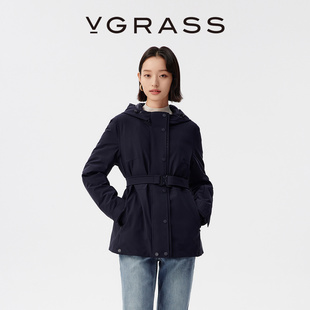 VGRASS全骨位压胶轻暖羽绒服女24冬新款短款腰带束腰显瘦羽绒衣女