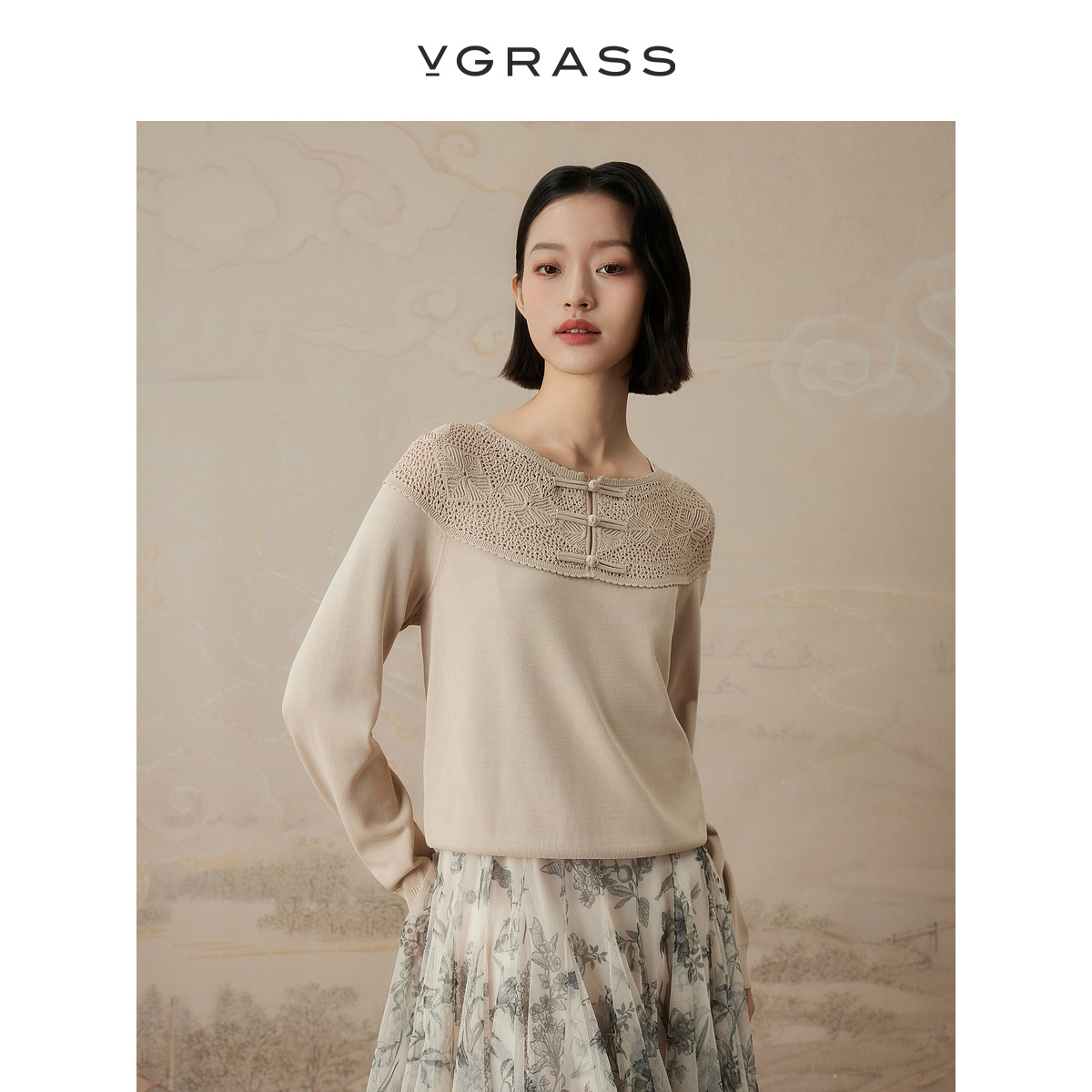 VGRASS仿手钩云肩艺术针织衫