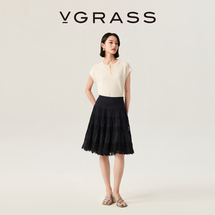 VGRASS维格娜丝26夏季 雾光蕾丝多层拼接半身裙中长伞裙 浪漫法式