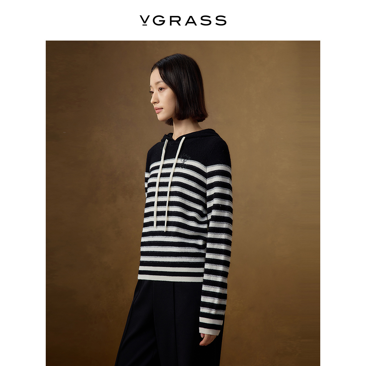 VGRASS100%绵羊毛条纹针织卫衣