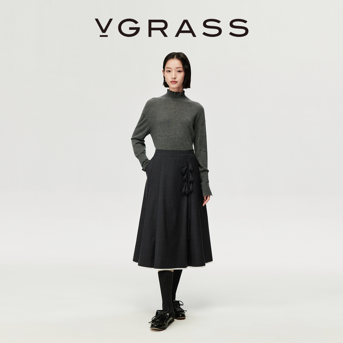VGRASS绵羊毛混纺撞色半裙