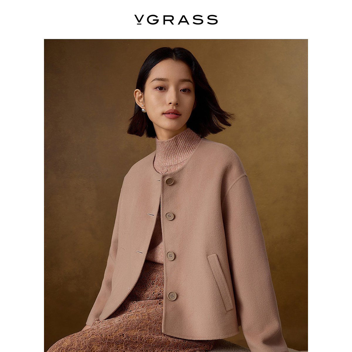 VGRASS丝羊毛短款外套
