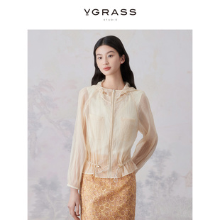 VGRASS春夏超轻外套女24年夏季 淡黄色薄透凉爽可收腰连帽罩衫 新款