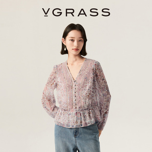 女 浪漫印花乔其拼接蕾丝V领收腰衬衫 VGRASS维格娜丝26夏季 新款