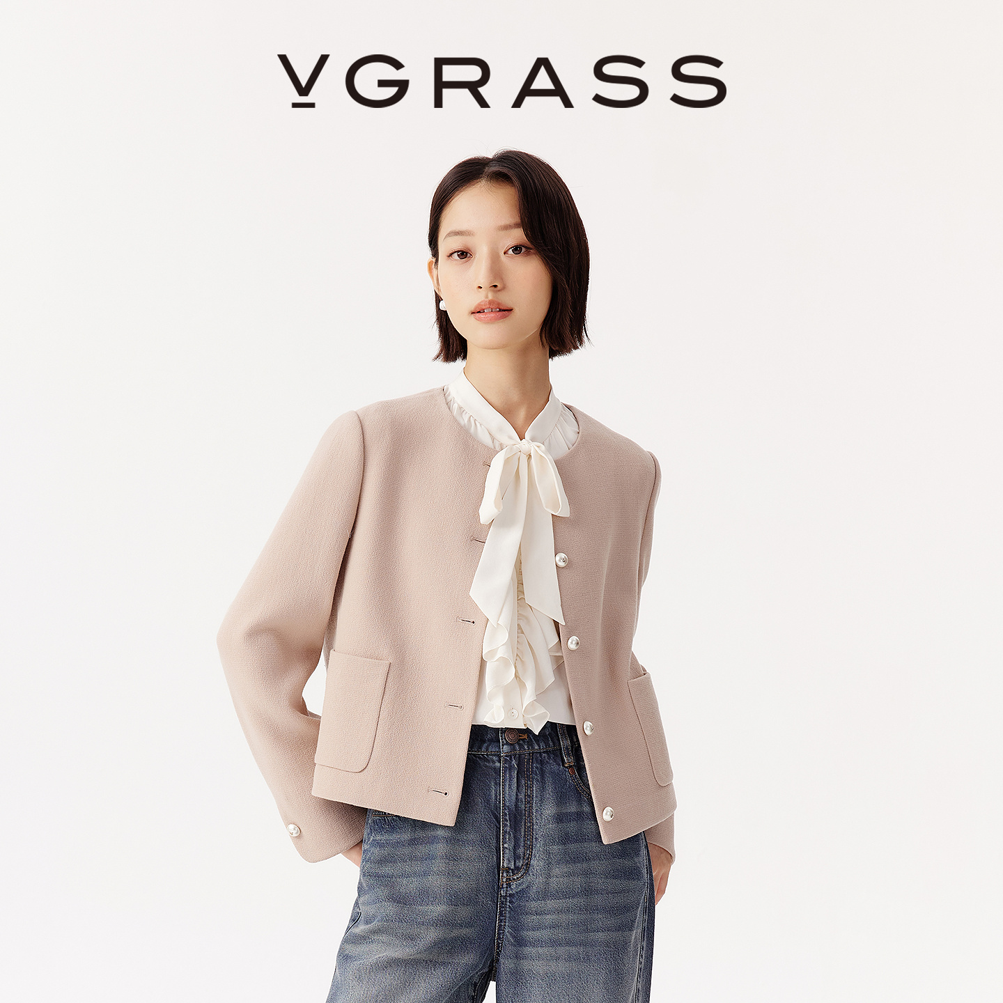 VGRASS精纺羊毛面料宽松短外套