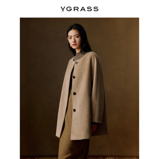 VGRASS维格娜丝冬新款羊驼毛羊毛中长小A廓形大衣蚕丝里毛呢外套