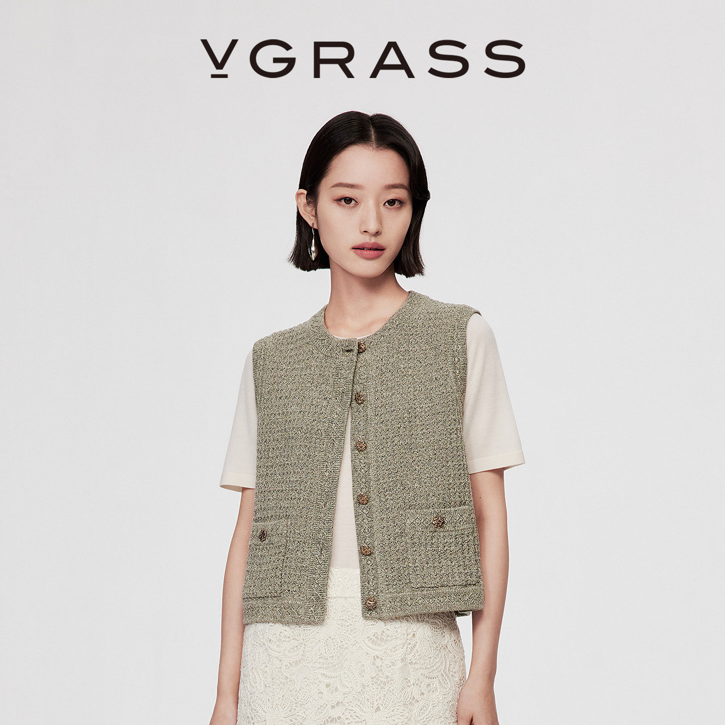 VGRASS26春季新款夹花混色纱细腻纹理圆领无袖针织马甲女叠穿神器