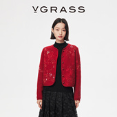 女 羊毛混纺刺绣叠手绣红色针织开衫 马上有戏 VGRASS26早春新款