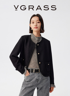 VGRASS维格娜丝24年秋季新款混纺编织花呢小香风外套VSW3P3373B