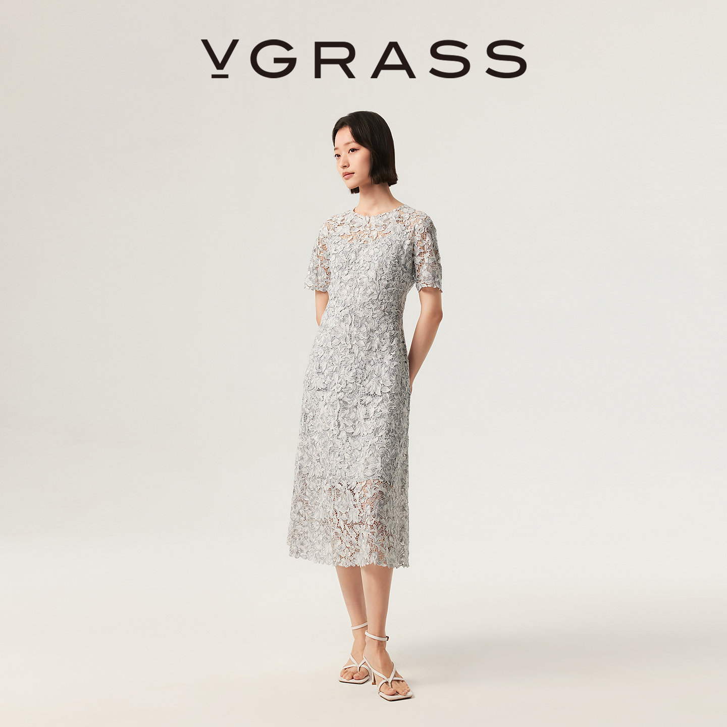 VGRASS维格娜丝26夏季新品无缝天成400万针刺绣收腰A摆礼服连衣裙
