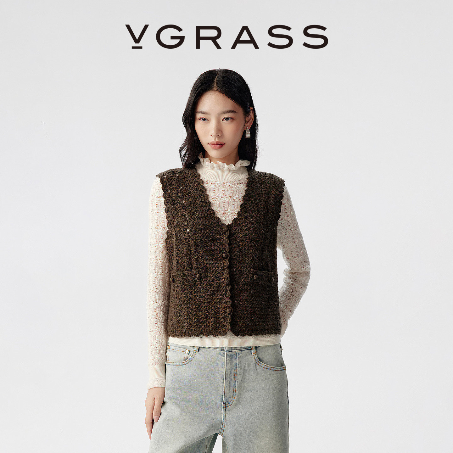 VGRASS25秋冬新款全手工钩针镂空开衫马甲羊毛混纺上衣毛针织衫女