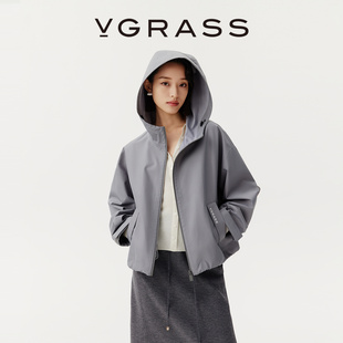VGRASS秋冬新款 透气抗沾湿耐磨覆膜面料宽松连帽女士短外套休闲