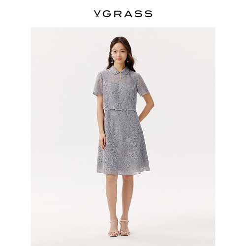 VGRASS定位蕾丝绣花假两件连衣裙