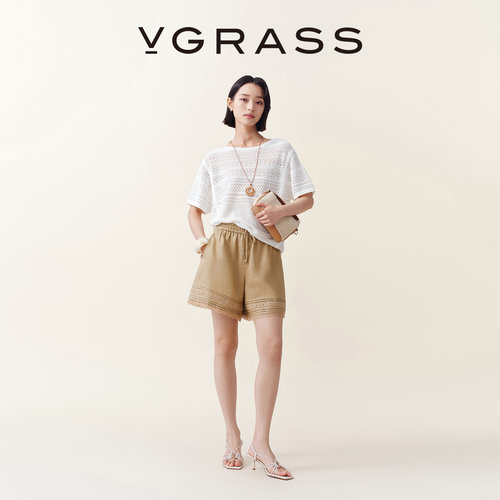 VGRASS蕾丝拼接利落显瘦抽绳短裤