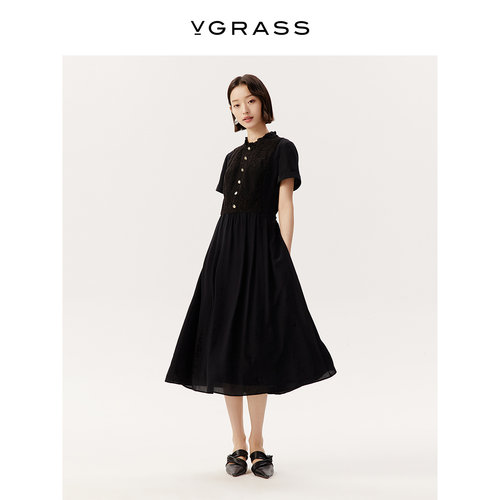 VGRASS真丝双绉刺绣连衣裙