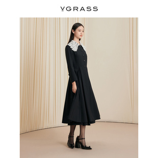 VGRASS维格娜丝秋季 风衣 可拆卸水溶蕾丝领丝羊毛优雅轻盈连衣裙式