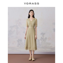 VGRASS新中式古典蕾丝刺绣真丝连衣裙女24夏季新款V领VSL2P2360A