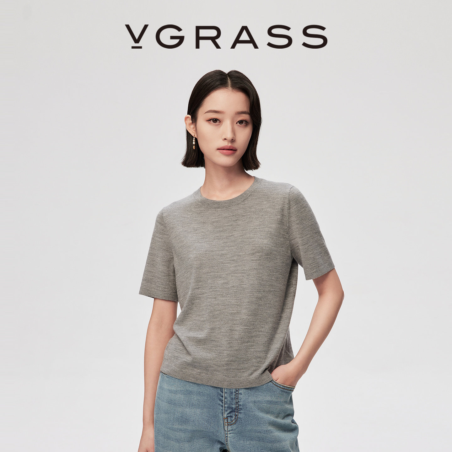VGRASS维格娜丝26春新款细腻亲肤羊毛松弛感圆领短袖T恤衫女上衣
