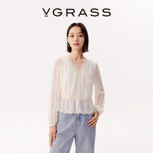 VGRASS重工蕾丝刺绣长袖小衫