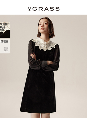 VGRASS维格娜丝新款连水溶蕾丝云肩丝绒镶拼连衣裙VSL2P4815A