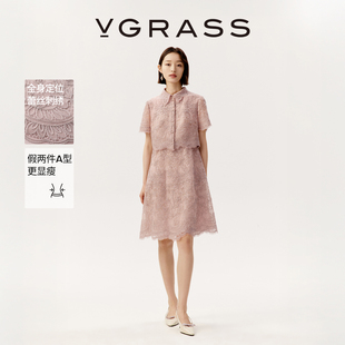 VGRASS维格娜丝轻礼服夏季 全身定位蕾丝刺绣粉色约会假两件连衣裙