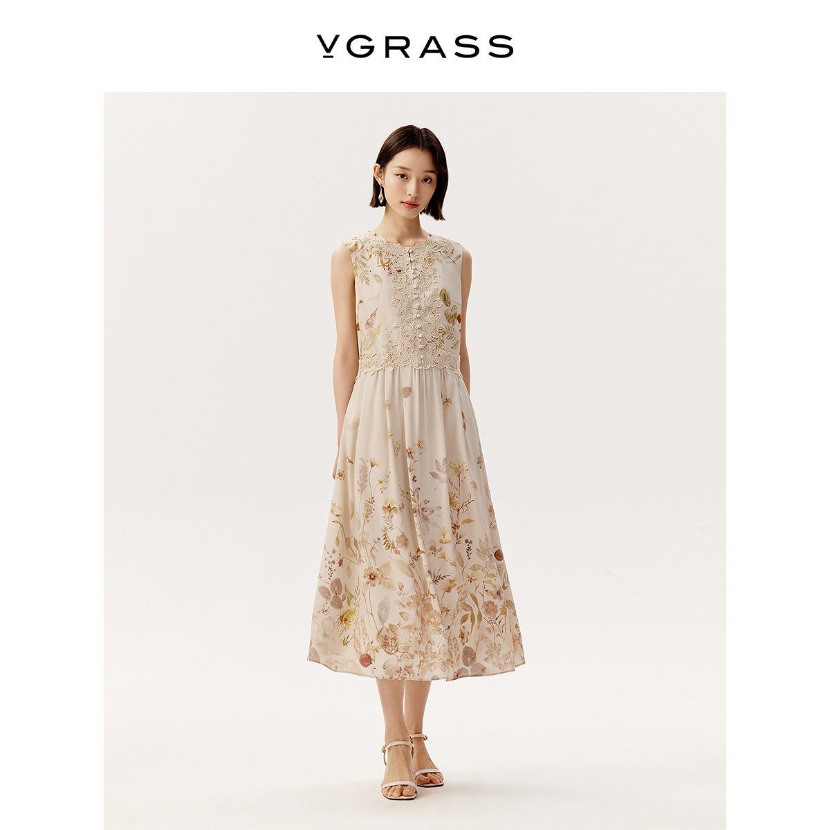 VGRASS定位印叠绣无袖连衣裙